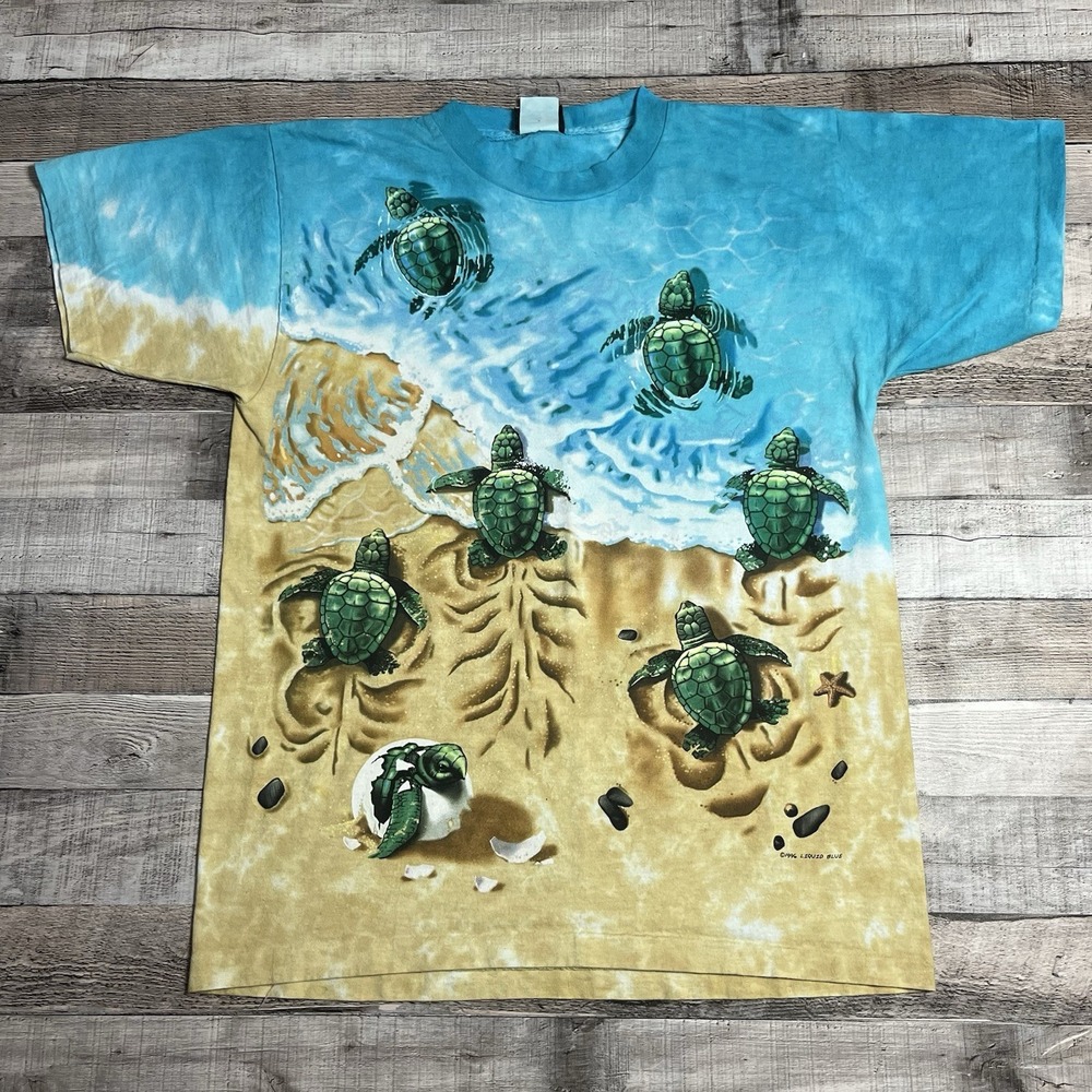 Liquid Blue Shirt Size Medium Aop Sea Turtles Nature Tee Beach Ocean Sand
